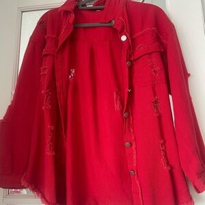 Red Distressed Button-Up Jacket